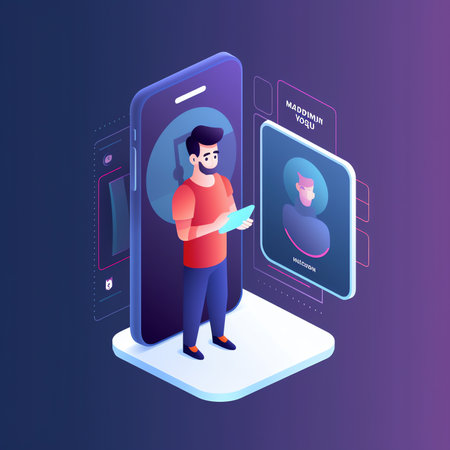 Face recognition technology landing page. Man sitting next to big smartphone with photo on it. Vector illustration in flat styleの素材