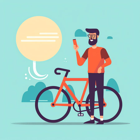 Happy man with a bike in the park. Vector illustration in flat style, concept illustration for healthy lifestyle, sport, exercising.の素材