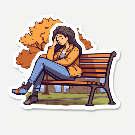 Girl with coffee sitting on bench in autumn. Cute vector illustration in flat style.の素材