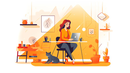 Home office, woman working from home. Landing page or banner template. Vector illustration in flat styleの素材