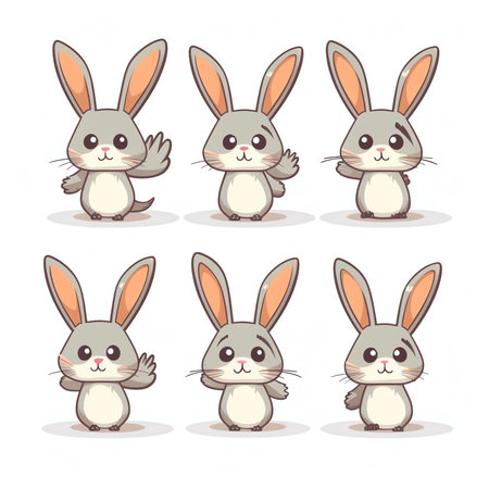 Cute cartoon easter bunny in 4 different poses, greeting card, banner designの素材