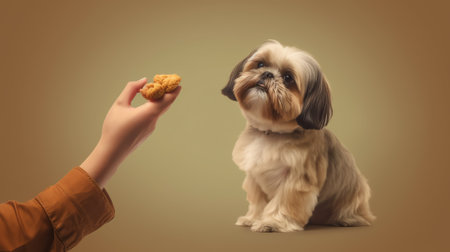 Generative AI Hand giving snack treat to a healthy dog. Teeth cleaning, pet dental care banner, background.の素材