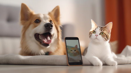 Generative AI Grey striped tabby cat and a border collie dog with happy expression together on yellow background, banner framed looking at the cameraの素材