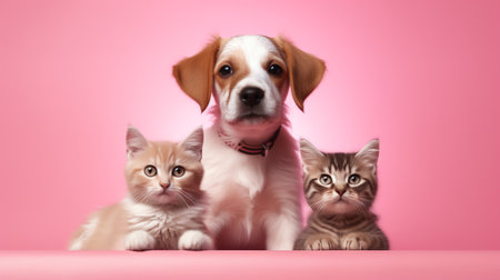 Generative AI portrait of a tabby cat and a border collie sheepdog looking at the camera in front of a pastel pink backgroundの素材