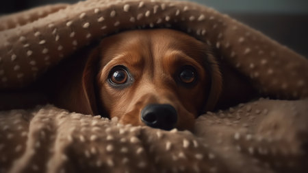 Generative AI The puppy lies under the covers at home on the bed. Stretched horizontal panoramic image for bannerの素材