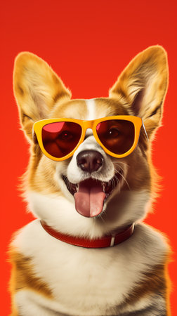 Generative AI portrait of a funny corgi dog puppy with big ears on a yellow isolated background wearing glasses with red heartsの素材