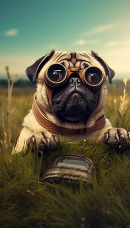 Generative AI Pug dog portrait purebred isolated on a blurred background of green grass, a banner for the site. Panorama. Blurred space for text.の素材