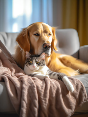 Generative AI Cat and dog together, neva masquerade kitten, golden retriever looks at rightの素材