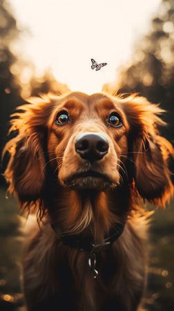 Generative AI Website banner of a happy Irish Setter dog with dandelion flowersの素材
