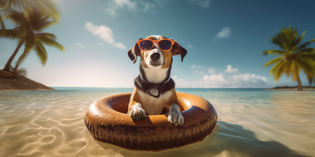 Generative AI Banner pets summer. Dachshund puppy going on vacations on beach chair and inflatable ring. Isolated on yellow backgroundの素材