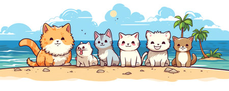 Generative AI Banner four pets, hanging its paws hanging in a blank in a row. Isolated on blue pastel background.の素材