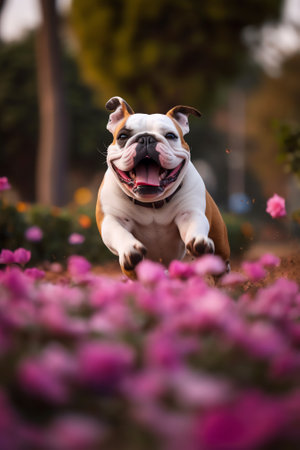 Generative AI Happy playful funny pet dog running, jumping in spring between easter flowers. Puppy training in spring or summer.の素材