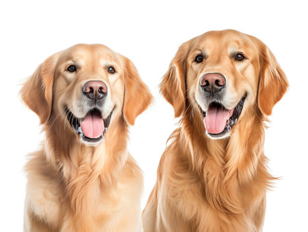 Generative AI Two large dogs with happy smiling expressions on sides of white web banner or social media cover looking upwards with room for textの素材