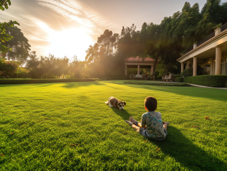 Generative AI Happy Jack Russell Terrier pet dog lying down on green grass at back yard lawnの素材