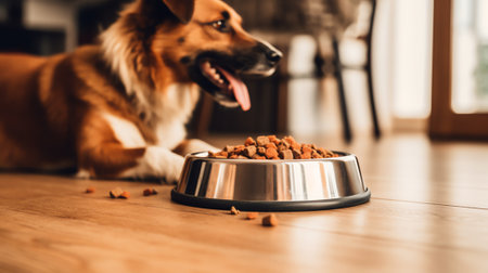 Generative AI Dry pet dog food with natural ingredients. Raw meat, fish, vegetables, eggs and salad near bowl with dry pet feed on wooden background with copy space. banner healthy nutrition for petの素材