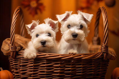 Generative AI Cute dog, wicker basket, autumn leaves and pumpkins on yellow background. Thanksgiving day celebrationの素材