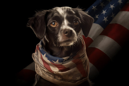 Generative AI Memorial Day. Charming, lovable brown puppy and American Flag. Close-up, indoors. Studio shot. National holiday concept. Congratulations for family, relatives, friends and colleaguesの素材