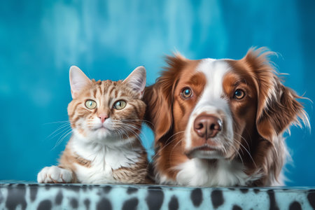 Generative AI Grey striped tabby cat and a border collie dog with happy expression together on blue background, banner framed, looking at the cameraの素材