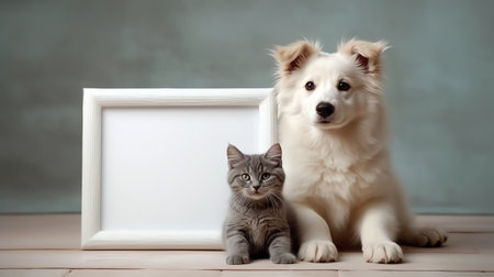 Generative AI Cute dog and cat are holding white blank paper for text. Pet notice banner concept vector illustration.の素材