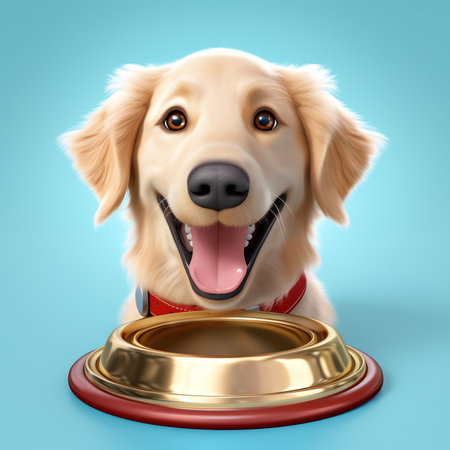 Generative AI Dog food studio shot. Vizsla dog with bowl full of kibble isolated over pastel blue background. Dry pet food banner.の素材