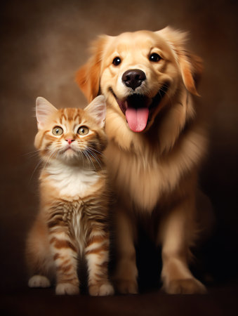 Generative AI Golden retriever dog and cat portrait together on yellow backgroundの素材