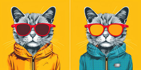 Generative AI Banner two funny pets listening expression. dachshund dog and curious sphynx cat. Isolated colored yellow background.の素材