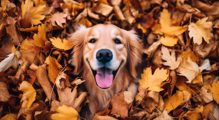 Generative AI Funny happy cute smiling pet dog puppy running in the leaves. Orange red autumn fall banner.の素材