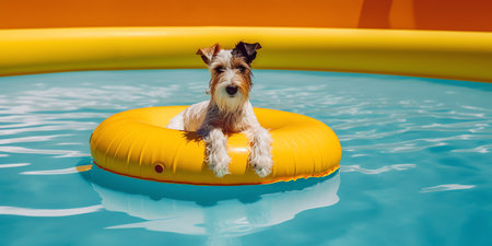 Generative AI Funny smiling welsh corgi pembroke or cardigan dog lies in an inflated life buoy for swimming on yellow background, front view, copy space for juicy advertising textの素材