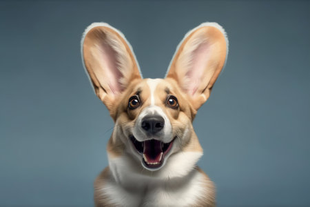 Generative AI Happy smiling pog dog with bunny ears on white background . Easter concept .Banner .の素材