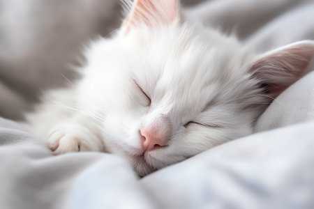Generative AI White Swiss shepherd puppy sleeps with kitten under white warm blanket on a bed at home. Empty space for textの素材