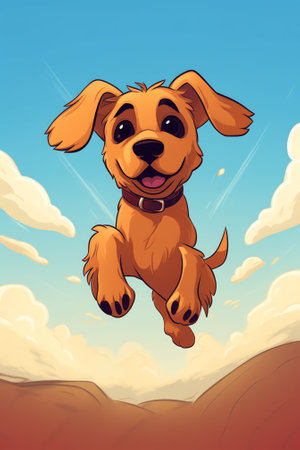Generative AI Isolated happy pet dog running, jumping on a blue sky background, web bannerの素材