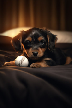 Generative AI The puppy sits under the covers at home on the bed. Stretched horizontal panoramic image for bannerの素材