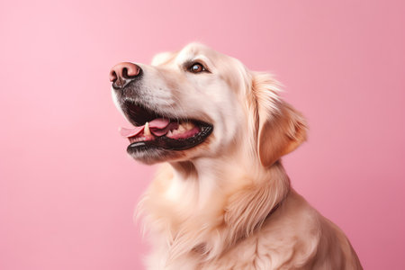Generative AI Golden Retriever happy smiling with closed eyes purple backgroundの素材