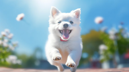 Generative AI Playful happy cute smiling pet dog puppy running, jumping in the grass. Web banner.の素材