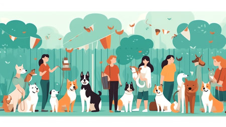 Generative AI Group of Dog Breeds Holding Bone and Banner, Front View, Pet, Backgroundの素材