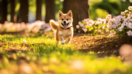 Generative AI Web banner of a cute happy healthy smiling pet dog puppy as running in the grass. Spring, summer walking concept.の素材