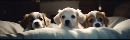 Generative AI 3 puppies showing their paws above white bannerの素材