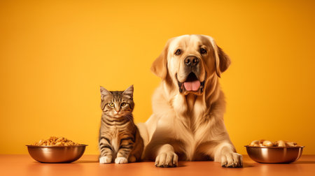 Generative AI two dogs and one cat staring at camera in front of a yellow backgroundの素材