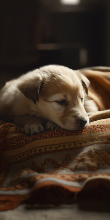 Generative AI The puppy and the kitten lie under the blanket at home on the bed. Stretched horizontal panoramic image for bannerの素材