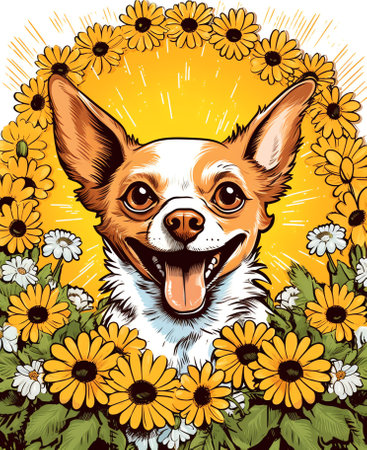 Generative AI Happy small cute dog puppy smiling in the grass with flowers. Pet holiday, greeting card, summer, spring concept, banner.の素材