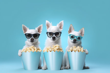 Generative AI Banner three attentive dogs looking away. Obedience training concept. Isolated on blue pastel backgroundの素材