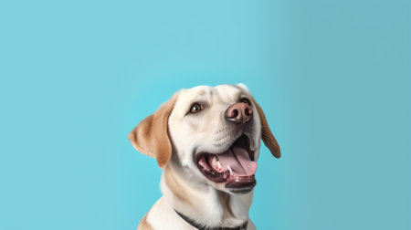 Generative AI Banner three attentive dogs looking away. Obedience training concept. Isolated on blue pastel backgroundの素材