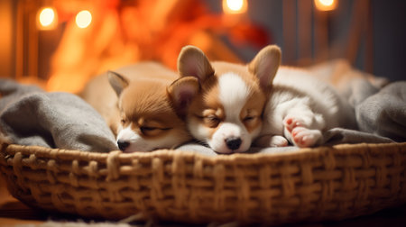 Generative AI Pembroke welsh corgi dog looks at baby kitten under a warm blanket on a bed at home. Empty space for textの素材