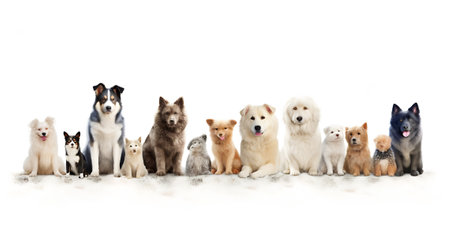 Generative AI Large group of dogs together in a row sorted by size, banner,isolated on whiteの素材