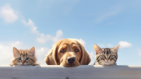 Generative AI Group of cats and dogs isolated on yellow background, Banner. Remasteredの素材