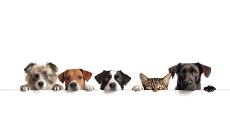 Generative AI Row of cats and dogs looking up at falling autmn colorful leaves. Web banner or social media cover with copyspaceの素材