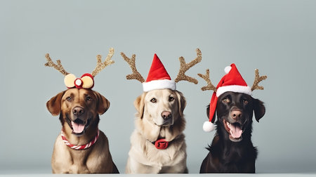 Generative AI banner close-up hide three dogs pet celebrating christmas wearing a reindeer antlers diadem, santa hat and red ribbon. Isolated on white or gray background.の素材