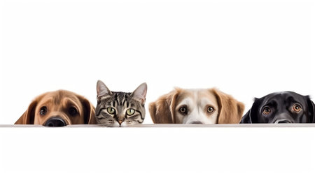 Generative AI Cute dogs and cats together hanging paws over white horizontal website banner or social media headerの素材