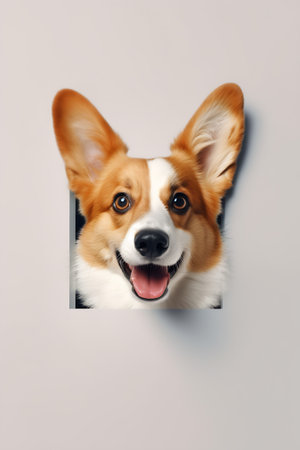 Generative AI Profile portrait of funny welsh corgi pembroke or cardigan with open mouth and surprised or shocked face expression on blue background, copy space. Dog sees something impressiveの素材