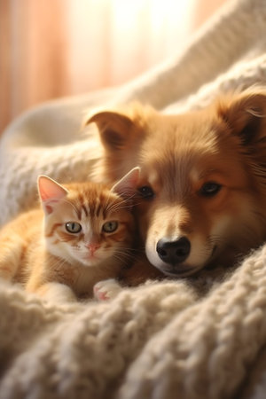 Generative AI Pembroke welsh corgi dog looks at baby kitten under a warm blanket on a bed at home. Empty space for textの素材